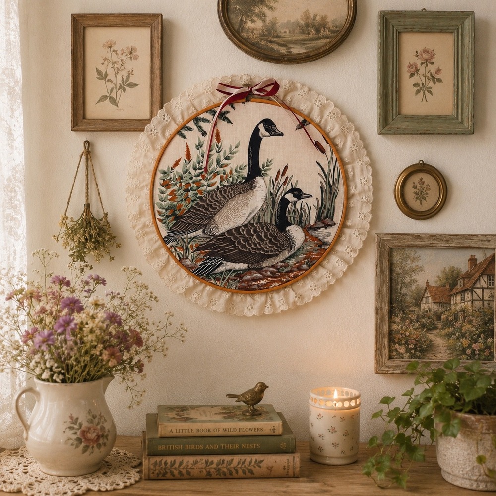 Handmade Canada Goose 13" Embroidery Hoop Art Lace Trim Country Wall Decor